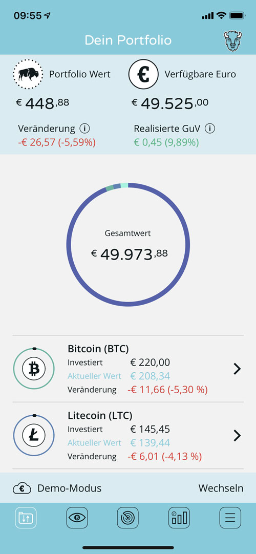 Hauptmenue der Bison App für Kryptohandel